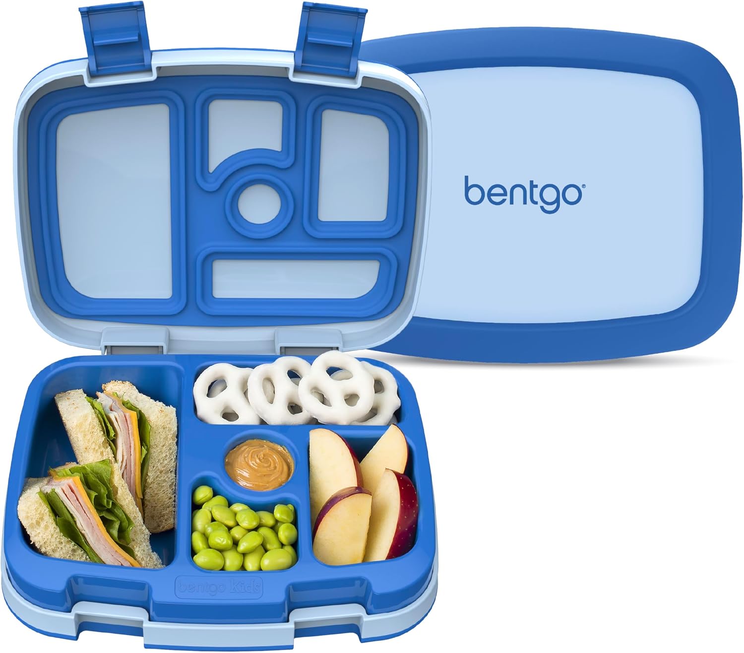 Bentgo Kids five-compartment bento-style lunch box, open, showing the fixed tray layout