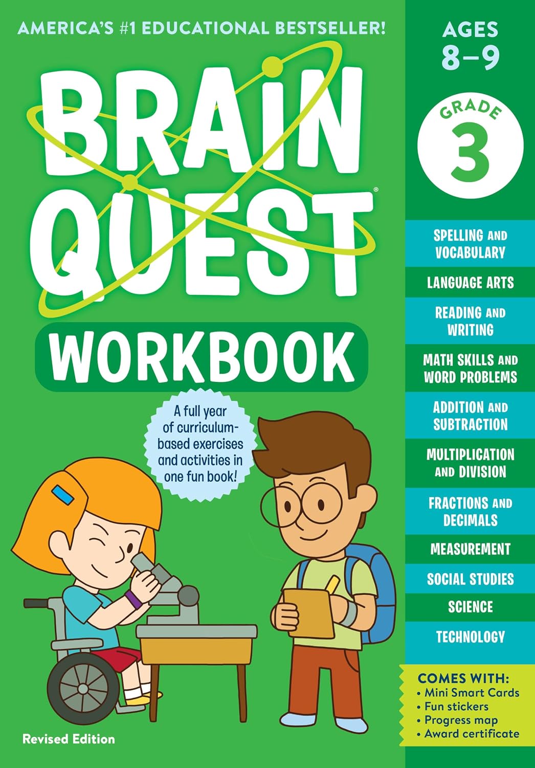 Cover of Brain Quest Workbook 3rd Grade Revised Edition, green with two children at a desk, marked Ages 8 to 9 and Grade 3.
