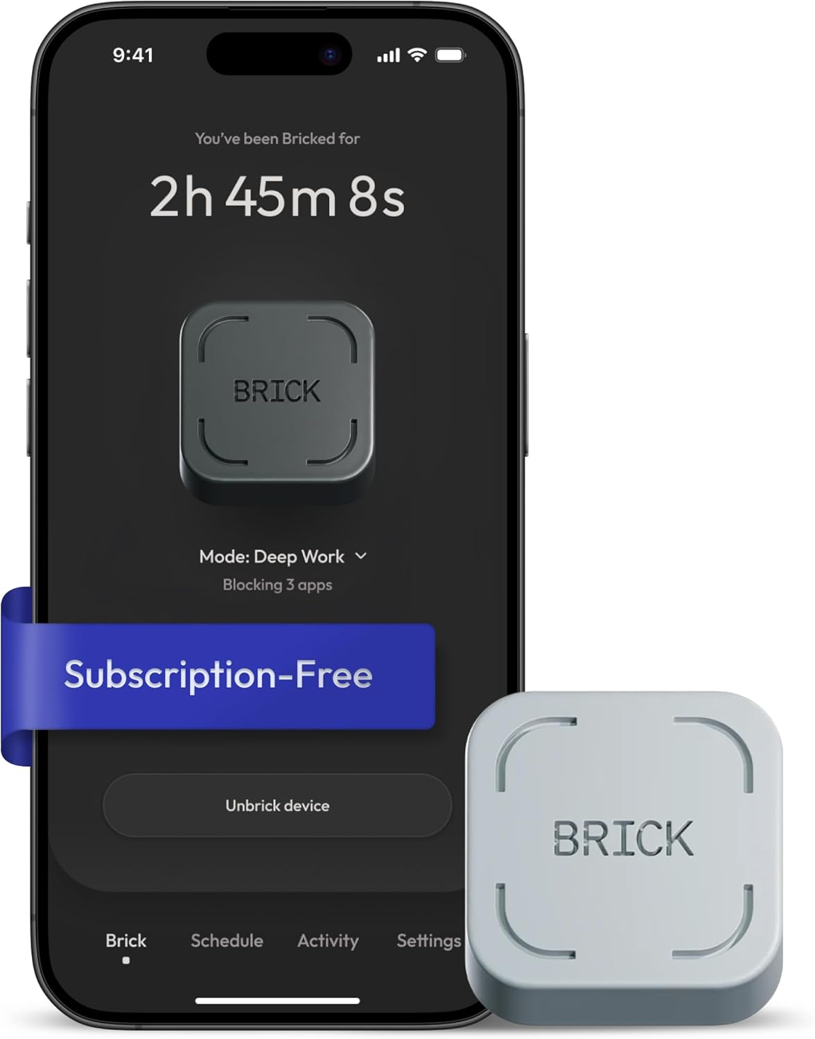 Gray Brick device beside a phone showing the companion app; promotional screen, not a Worthivo result