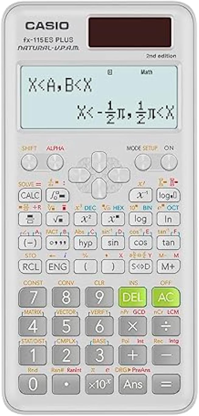Casio fx-115ES Plus 2nd Edition scientific calculator, white body with a solar panel above the display and 2nd edition printed beside it.