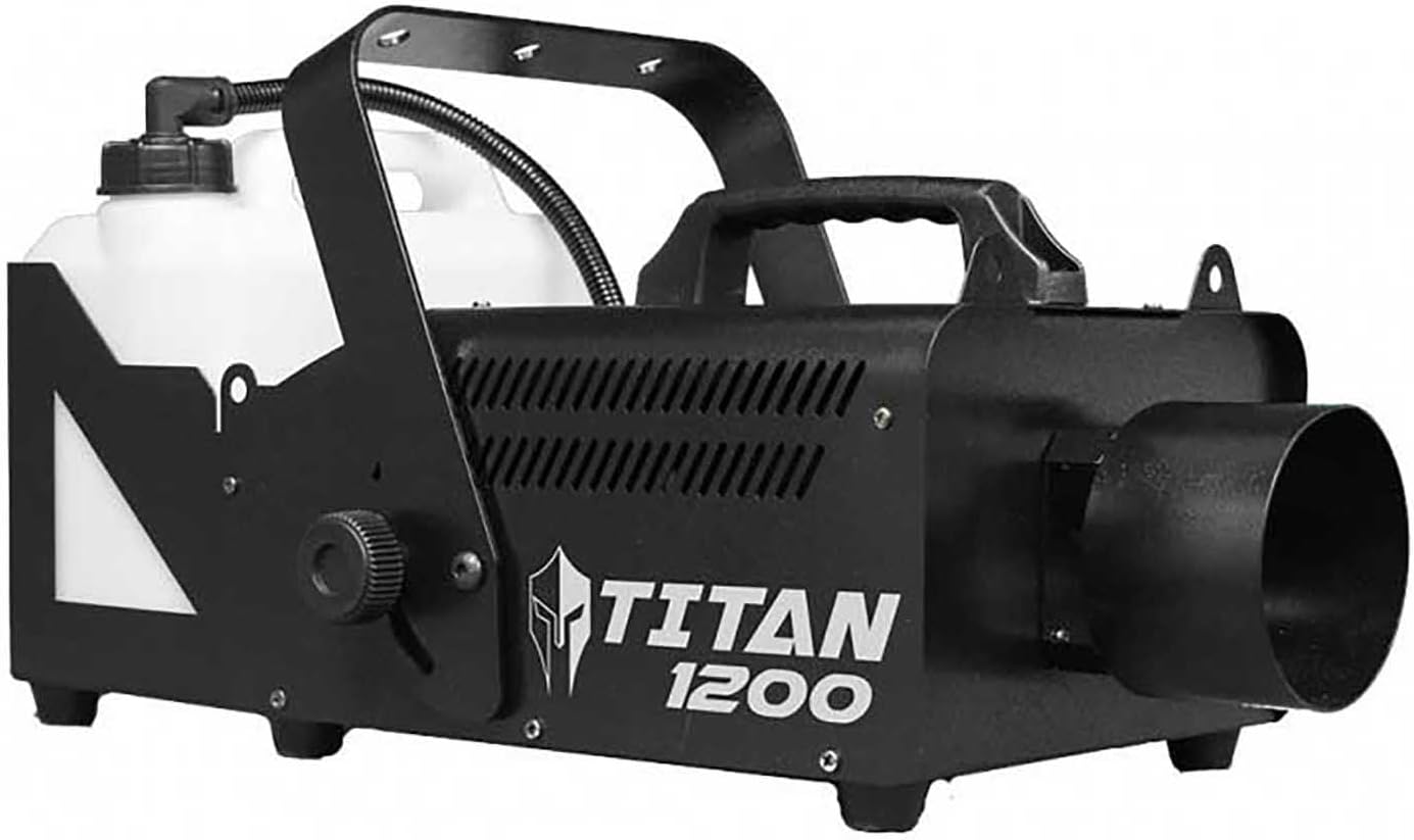 Froggy's Fog Titan 1200 fog machine with its translucent tank, carry handle, mounting bracket and round nozzle
