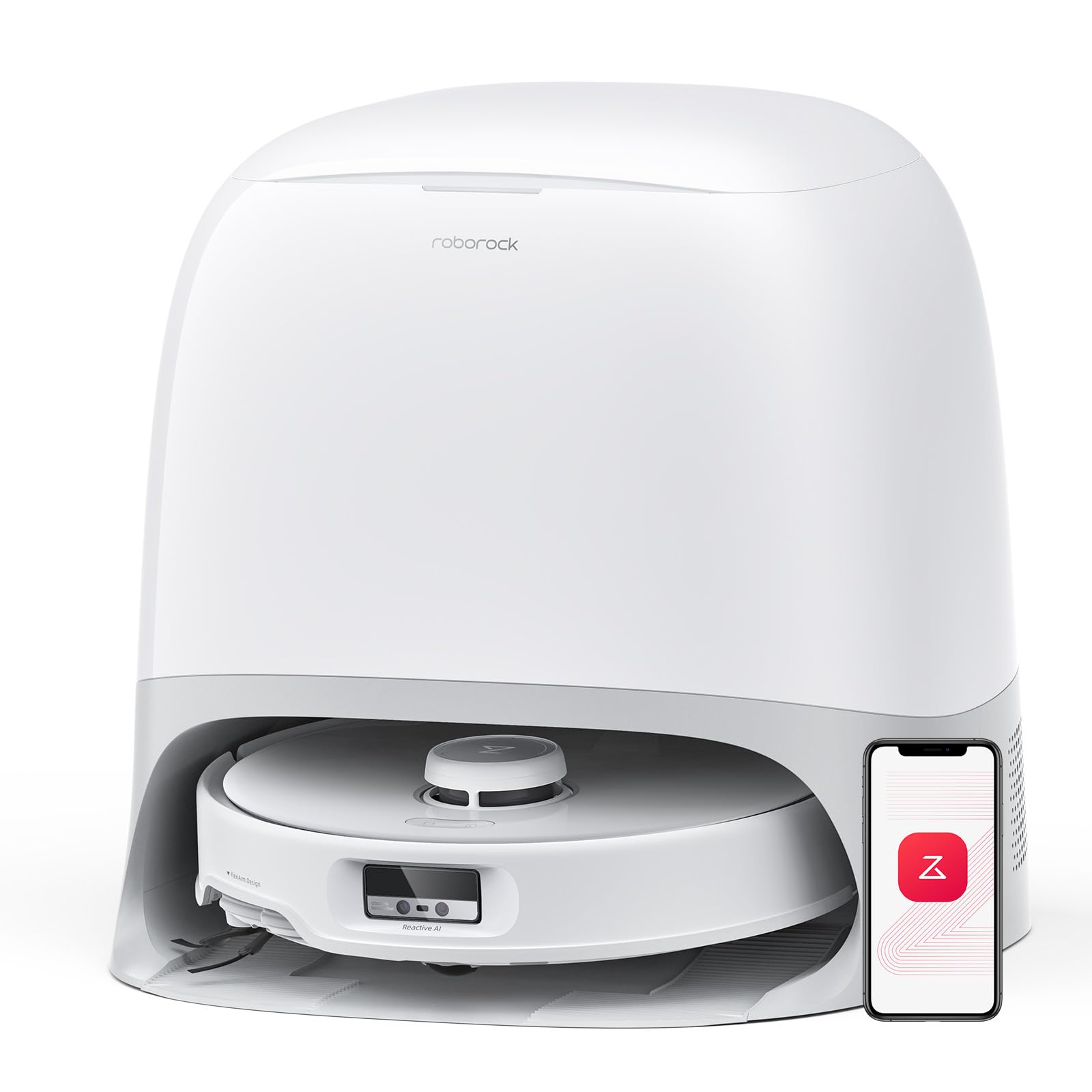 Roborock Qrevo Curv robot vacuum with its white multifunction dock